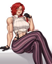 Rule 34 | 1girl, abs, absurdres, blush, breasts, gloves, highres, large breasts, mootium, muscular, muscular female, necktie, pantyhose, red eyes, red hair, short hair, simple background, snk, striped clothes, striped legwear, striped pantyhose, the king of fighters, thick thighs, thighs, toned, vanessa (kof), vertical-striped clothes, vertical-striped pantyhose, white background