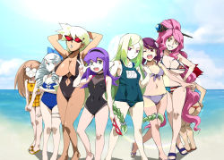 Rule 34 | 00s, 6+girls, :d, ;d, age difference, annotated, aqua eyes, armpits, arms behind head, arms up, ass, bashin dan, battle spirits, battle spirits: shounen gekiha dan, battle spirits: shounen toppa bashin, beach, bikini, bikini skirt, blunt bangs, bow, braid, breasts, brown hair, butt crack, cleavage, clothes writing, cloud, coke-bottle glasses, competition swimsuit, covered erect nipples, crossdressing, crossed legs, crossover, curvy, dark-skinned female, dark skin, day, domino mask, drill hair, earrings, everyone, female focus, flat chest, from behind, front-tie top, frown, gem, glasses, green hair, grey eyes, hair bow, hair ornament, hairband, hand on own hip, head tilt, huge breasts, inogashira masako, jaga note, jewelry, lens flare, lineup, lipstick, long hair, looking at viewer, low-braided long hair, low-tied long hair, lowleg, lowleg bikini, magisa, makeup, mask, meganeko (battle spirits), micro bikini, momose kajitsu, multiple girls, name tag, navel, number eight, one-piece swimsuit, one eye closed, open mouth, otonashi fumiko, outdoors, own hands clasped, own hands together, parted bangs, pink eyes, pink hair, ponytail, purple hair, red hair, sandals, sawaragi kyouka, scepter, short hair, silver hair, sitting, skirt, sky, smile, spiked hair, standing, suiren (battle spirits), sunglasses, swimsuit, tankini, thigh strap, tiptoes, trap, twin braids, twin drills, twintails, underboob, united states, unworn mask, v, very long hair, viole mai, water, watson cross, wide hips, wink, yellow eyes