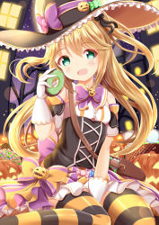 Rule 34 | 1girl, :d, bare shoulders, bare tree, between legs, black hat, black ribbon, blonde hair, blush, bow, breasts, building, candy wrapper, commentary request, detached sleeves, doughnut, dress, fang, food, fujisawa yuzu, gloves, green eyes, hair between eyes, hair ribbon, hand between legs, hand up, hat, hat bow, highres, holding, holding food, jack-o&#039;-lantern, long hair, looking at viewer, night, night sky, ongeki, open mouth, outdoors, pleated dress, puffy short sleeves, puffy sleeves, purple bow, ribbon, short sleeves, sitting, sky, small breasts, smile, solo, star (sky), starry sky, striped clothes, striped thighhighs, thighhighs, tree, two side up, very long hair, wariza, white dress, white gloves, white sleeves, window, witch hat, xenon (for achieve), yellow bow