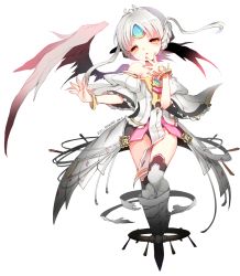 Rule 34 | 1girl, bad id, bad pixiv id, bare shoulders, boots, bracelet, braid, code: empress (elsword), dress, elsword, eve (elsword), full body, hand on own face, ino92, jewelry, short hair, solo, strapless, strapless dress, thighhighs, tiara, white background, white hair, white thighhighs, yellow eyes