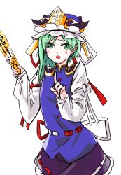 Rule 34 | 1girl, bad id, bad pixiv id, blouse, blush, blush stickers, cowboy shot, green eyes, green hair, hat, index finger raised, long sleeves, looking at viewer, mappe (778exceed), matching hair/eyes, open mouth, rod of remorse, shiki eiki, shirt, short hair, sketch, skirt, solo, tareme, touhou, vest, white background