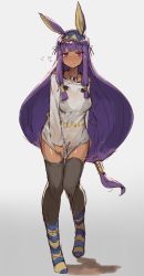 Rule 34 | 1girl, alternate costume, animal ears, bare shoulders, black thighhighs, blush, bra visible through clothes, casual, character print, clothes pull, covering crotch, covering privates, dark-skinned female, dark skin, dress, embarrassed, fate/grand order, fate (series), flying sweatdrops, full body, grey background, hair tubes, hairband, highres, katsudansou, knees together feet apart, long hair, looking at viewer, medjed (fate), nitocris (fate), purple eyes, purple hair, rabbit ears, simple background, solo, standing, striped clothes, striped thighhighs, sweater, sweater dress, sweater pull, thighhighs, very long hair