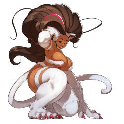 Rule 34 | 1girl, absurdres, alternate skin color, animal ears, big hair, breasts, brown eyes, brown hair, cat ears, cat tail, claws, dark-skinned female, dark skin, felicia (vampire), full body, highres, large breasts, lips, long hair, looking at viewer, matching hair/eyes, monster girl, naze, open mouth, simple background, skindentation, smile, solo, tail, teeth, vampire (game), white background