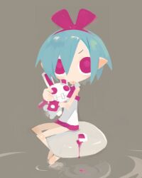 Rule 34 | 1girl, :p, blue hair, chibi, commentary request, disgaea, dress, flat chest, full body, grey background, hairband, harada takehito, looking at viewer, original, pleinair, pointy ears, rabbit, red eyes, short hair, sitting, solo, tongue, tongue out, usagi-san, white dress
