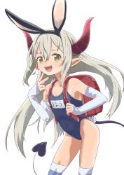 Rule 34 | 1girl, :d, animal ears, backpack, bag, blonde hair, blue one-piece swimsuit, brown eyes, child, demon horns, demon tail, detached sleeves, emma august, fake animal ears, fang, female focus, flat chest, horns, leaning forward, long hair, nijisanji, one-piece swimsuit, open mouth, pointy ears, rabbit ears, rabbit tail, randoseru, satsuyo, skin fang, smile, solo, striped clothes, striped thighhighs, swimsuit, tail, thighhighs, transparent background, virtual youtuber