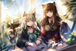 Rule 34 | 2girls, :d, absurdres, adjusting eyewear, animal ears, arknights, bad id, bad pixiv id, bespectacled, black choker, black jacket, book, breasts, brown eyes, brown hair, cat ears, choker, commentary request, glasses, green eyes, green nails, hand up, highres, infection monitor (arknights), jacket, large breasts, long hair, long sleeves, mint (arknights), multiple girls, nail polish, open mouth, plant, red jacket, silver hair, skyfire (arknights), smile, takano jiyuu, upper body, wide sleeves