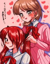 Rule 34 | 2girls, alternate hairstyle, blush, bow, bowtie, breasts, brown eyes, brown hair, choker, collared shirt, commentary request, earrings, gekkoukan high school uniform, hair bow, hair over one eye, heart, highres, jewelry, kirijou mitsuru, medium hair, multiple girls, open mouth, parted bangs, persona, persona 3, pink background, pink shirt, red bow, red bowtie, red eyes, red hair, ribbed shirt, school uniform, shadow, shirt, small breasts, stud earrings, swept bangs, takeba yukari, translation request, twintails, tying another&#039;s hair, upper body, white choker, white shirt, yuyuy 00
