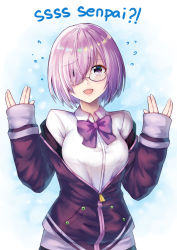 Rule 34 | 10s, 1girl, alternate costume, blush, bow, bowtie, breasts, collared shirt, cosplay, fate/grand order, fate (series), glasses, gridman universe, hair over one eye, hand up, jacket, kelinch1, large breasts, light purple hair, long sleeves, look-alike, looking at viewer, mash kyrielight, necktie, off shoulder, open clothes, open jacket, open mouth, partially unzipped, purple eyes, purple jacket, purple neckwear, shinjou akane, shinjou akane (cosplay), shirt, short hair, simple background, sleeves past wrists, ssss.gridman, swept bangs, uniform, upper body, white background, white shirt, zipper pull tab