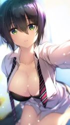 Rule 34 | 1girl, artist request, black bra, black hair, black panties, blurry, bra, breasts, cleavage, closed mouth, collarbone, collared shirt, depth of field, dress shirt, expressionless, fujiya takao, green eyes, hair between eyes, highres, kusunoki suzu, lace, lace-trimmed bra, lace trim, large breasts, long sleeves, looking at viewer, necktie, no pants, original, panties, red necktie, selfie, shirt, short hair, sitting, solo, striped necktie, striped neckwear, underwear, white shirt