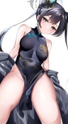 Rule 34 | 1girl, black dress, black hair, blue archive, breasts, butterfly hair ornament, china dress, chinese clothes, double bun, dragon print, dress, green eyes, hair bun, hair ornament, halo, highres, katsushika pachi, kisaki (blue archive), long hair, looking at viewer, medium breasts, print dress, simple background, solo, standing, thighs, twintails, white background
