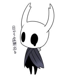 Rule 34 | 1other, bad id, bad pixiv id, cloak, commentary request, full body, grey cloak, greyscale, hollow eyes, hollow knight, horns, knight (hollow knight), monochrome, no humans, sango (y1994318), simple background, solo, standing, tears, translation request, weapon, white background