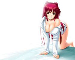Rule 34 | 1girl, all fours, barefoot, bed, bent over, breasts, brown eyes, cleavage, kousaka tamaki, large breasts, long hair, red hair, smile, solo, to heart (series), to heart 2