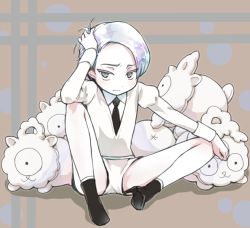 Rule 34 | 1other, amimi, androgynous, cairngorm (houseki no kuni), collared shirt, colored eyelashes, frown, gem uniform (houseki no kuni), hand in own hair, high heels, houseki no kuni, looking at viewer, necktie, shiro (houseki no kuni), shirt, short hair, sitting, solo, stuffed animal, stuffed toy, thighs, white eyes, white hair