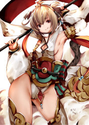 Rule 34 | 10s, 1girl, andira (granblue fantasy), animal ears, armpits, bare shoulders, blonde hair, blush, breasts, cameltoe, detached sleeves, earrings, erune, granblue fantasy, highres, jewelry, looking at viewer, monkey ears, monkey girl, monkey tail, red eyes, short hair, sideboob, small breasts, solo, souryu, staff, tail, thighhighs, thighs
