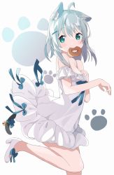 Rule 34 | 1girl, ahoge, animal ear fluff, animal ears, bare shoulders, bell, blue bow, bow, breasts, cat ears, cat girl, cat tail, commentary request, doughnut, dress, food, food in mouth, frilled dress, frills, green eyes, grey hair, hair between eyes, hair ornament, hairclip, high heels, highres, jingle bell, looking at viewer, mouth hold, original, shoes, sleeveless, sleeveless dress, small breasts, solo, standing, standing on one leg, tail, tail bell, tail bow, tail ornament, tantan men (dragon), white background, white dress, white footwear