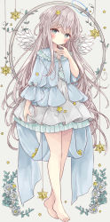 Rule 34 | 1girl, absurdres, bad id, bad pixiv id, barefoot, blue jacket, blush, brown hair, commentary, dress, feathered wings, full body, grey background, grey dress, grey eyes, hair between eyes, hair ornament, highres, jacket, long hair, long sleeves, mini wings, original, pleated dress, solo, standing, star (symbol), star hair ornament, symbol-only commentary, tsukiyo (skymint), very long hair, white wings, wings
