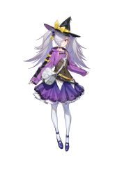Rule 34 | 1girl, absurdres, aged down, alternate costume, bag, belt, blush, bow, child, choker, controlline3, counter:side, cropped jacket, drawstring, flipped hair, full body, gremory (counter:side), grey hair, grin, hair bobbles, hair ornament, hair over one eye, hat, hat bow, highres, jacket, long hair, long sleeves, looking at viewer, loose belt, mixed-language commentary, pinstripe pattern, purple footwear, purple jacket, purple skirt, red eyes, shade, shirt, shoulder bag, simple background, skirt, sleeves past wrists, smile, solo, standing, star-shaped pupils, star (symbol), strappy heels, striped, symbol-shaped pupils, teeth, twintails, underskirt, white background, white bag, white legwear, white shirt, witch, witch hat, yellow bow, zipper, zipper pull tab