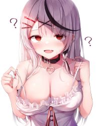 Rule 34 | 1girl, :d, ?, @ @, absurdres, bad id, bad twitter id, bare arms, bare shoulders, black collar, black hair, braid, breasts, cleavage, collar, earrings, fang, grey hair, hair ornament, hairclip, heart collar, highres, hololive, jewelry, large breasts, looking at viewer, multicolored hair, open mouth, red eyes, revision, sakamata chloe, shirt, shishou (doragyurosu), simple background, skin fang, smile, solo, strap lift, streaked hair, upper body, virtual youtuber, white background, white shirt, x hair ornament