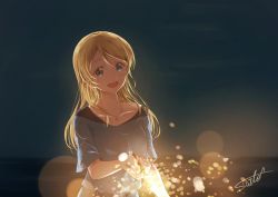 Rule 34 | 1girl, artist name, ayase eli, blonde hair, blue eyes, blue shirt, blurry, bokeh, commentary, depth of field, fireworks, holding, horizon, jewelry, long hair, looking at viewer, love live!, necklace, night, night sky, open mouth, shirt, short sleeves, signature, sky, smile, solo, sparkler, suito