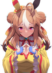 Rule 34 | 1girl, ahoge, animal ears, bare shoulders, blue gloves, blue nails, blush, breasts, brown hair, cleavage, closed mouth, commentary request, copano rickey (umamusume), detached sleeves, double bun, dress, ear covers, fingerless gloves, gloves, hair between eyes, hair bun, hair ornament, highres, horse ears, horse girl, long hair, long sleeves, looking at viewer, medium breasts, multicolored hair, nail polish, partial commentary, simple background, smile, solo, streaked hair, tassel, tassel hair ornament, umamusume, upper body, white background, white hair, yellow dress, yukke jan