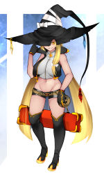 Rule 34 | 1girl, aoshima, bare shoulders, belt, blonde hair, boots, breasts, commentary request, crop top, grin, groin, hat, highres, kirisame marisa, large breasts, large hat, long hair, looking at viewer, micro shorts, midriff, mini-hakkero, navel, orange eyes, short shorts, shorts, smile, solo, thigh boots, thighhighs, thighs, touhou, very long hair, witch hat