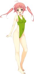 Rule 34 | 1girl, :d, absurdres, barefoot, collarbone, covered navel, feet, full body, green leotard, highres, leotard, looking at viewer, open mouth, smile, solo, standing, toes, transparent background, twintails