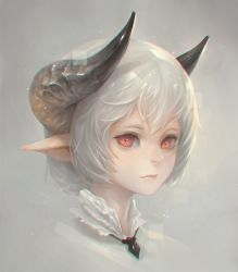 Rule 34 | 1girl, androgynous, bacius, blood, chromatic aberration, collared shirt, gradient background, head, horns, jewelry, lips, necklace, nose, original, pointy ears, portrait, red eyes, shirt, simple background, solo, white hair