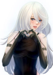 Rule 34 | 1girl, android, bare shoulders, black gloves, blue eyes, blush, breasts, elbow gloves, gloves, heart, heart hands, highres, joints, long hair, looking at viewer, medium breasts, mitsuki nite, mole, mole under mouth, nier (series), nier:automata, robot joints, solo, white hair, a2 (nier:automata)