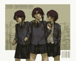 Rule 34 | 3girls, annoyed, asymmetrical hair, barcode, blazer, brown eyes, brown hair, clenched hand, clenched teeth, clone, closed jacket, green skirt, grey jacket, gutalalaman, hair ornament, hand on another&#039;s shoulder, highres, iwakura lain, jacket, multiple girls, multiple persona, neck ribbon, open clothes, open jacket, open mouth, outdoors, outside border, plaid, plaid skirt, power lines, red ribbon, ribbon, school uniform, serial experiments lain, shirt, short hair, single sidelock, sketch, skirt, smirk, teeth, troll face, white shirt, x hair ornament