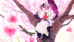 Rule 34 | 1girl, brooch, cherry blossoms, elbow gloves, flower, gloves, hat, highres, jewelry, kanchigai, mob cap, parasol, petals, pointy ears, purple hair, red eyes, remilia scarlet, short hair, sitting, skirt, skirt set, smile, solo, touhou, tree, umbrella, white gloves