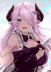 Rule 34 | 1girl, armpits, asymmetrical gloves, black vest, blue eyes, breasts, bug, butterfly, cleavage, cleavage cutout, clothing cutout, coat, commentary request, draph, elbow gloves, fingerless gloves, gloves, gradient background, granblue fantasy, grey background, hair ornament, hair over one eye, hairclip, horns, insect, large breasts, light purple hair, long hair, looking at viewer, narmaya (granblue fantasy), opanchu (hakusen), open clothes, open coat, open mouth, pointy ears, sleeveless, sleeveless coat, solo, sword, uneven gloves, upper body, vest, weapon