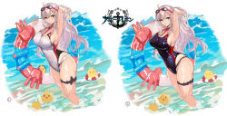 Rule 34 | 1girl, absurdres, algerie (azur lane), alternate costume, azur lane, backless swimsuit, black one-piece swimsuit, breasts, cleavage, competition swimsuit, covered erect nipples, covered navel, drill hair, drill sidelocks, goggles, goggles on head, grey hair, hair between eyes, hand in own hair, highres, holding, holding swim ring, in water, innertube, large breasts, long hair, looking at viewer, manjuu (azur lane), mole, mole under eye, multicolored clothes, multicolored swimsuit, official alternate costume, official art, one-piece swimsuit, outside border, parted bangs, purple eyes, red innertube, sidelocks, sketch, swim ring, swimsuit, thigh strap, thighs, wading, white one-piece swimsuit, yoshiku (oden-usagi)