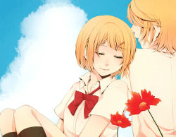 Rule 34 | 1boy, 1girl, bad id, bad pixiv id, blonde hair, blue sky, brother and sister, closed eyes, cloud, day, flower, hair ornament, hairclip, hiro satochi, kagamine len, kagamine rin, leaning on person, legs together, school uniform, short hair, siblings, sky, socks, twins, vocaloid