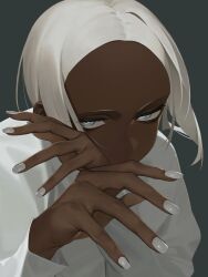Rule 34 | 1girl, absurdres, amrkdrw, blue eyes, dark-skinned female, dark skin, expressionless, fingernails, highres, looking to the side, original, parted bangs, shirt, short hair, simple background, solo, white hair, white nails, white shirt