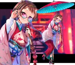 Rule 34 | 1girl, akirannu, ankle boots, black-framed eyewear, blue-tinted eyewear, boots, braid, braided ponytail, breasts, brown hair, closed mouth, earrings, floral print, full body, gradient hair, hand up, high heels, highres, holding, holding umbrella, japanese clothes, jewelry, kimono, leaning forward, long hair, long sleeves, looking at viewer, medium breasts, mole, mole under mouth, multicolored hair, obi, obiage, obijime, oil-paper umbrella, original, pink kimono, print kimono, red eyes, red footwear, red hair, red kimono, sash, shirt, smile, solo, standing, standing on one leg, tassel, tassel earrings, tinted eyewear, two-tone kimono, umbrella, very long hair, white shirt, wide sleeves, zoom layer