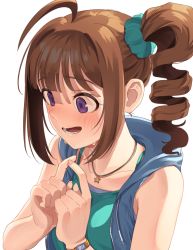 Rule 34 | 1girl, ahoge, blue hoodie, blush, brown hair, commentary, drill hair, embarrassed, frown, green scrunchie, green shirt, hair ornament, hair scrunchie, hood, hood down, hoodie, idolmaster, idolmaster million live!, jewelry, kamille (vcx68), necklace, open clothes, open hoodie, open mouth, purple eyes, scrunchie, shirt, side ponytail, sidelocks, sleeveless, sleeveless hoodie, sleeveless shirt, solo, star (symbol), star necklace, sweatdrop, watch, wristwatch, yokoyama nao