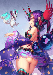 Rule 34 | 1girl, ass, bare shoulders, bob cut, breasts, chinese clothes, commentary, commentary request, cowboy shot, detached sleeves, dudou, english commentary, eyeliner, fangs, fate/grand order, fate (series), from behind, from below, halloween, headpiece, heart, heart print, highres, horns, looking at viewer, makeup, microskirt, oni, purple eyes, purple hair, revealing clothes, short eyebrows, short hair, shuten douji (fate), shuten douji (fate/grand order), shuten douji (halloween caster) (fate), skin-covered horns, skirt, small breasts, smile, solo, standing, star (symbol), star print, tako seijin, thighs, wavy hair