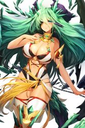 Rule 34 | 1girl, armlet, bare shoulders, blue eyes, breasts, chain, cleavage, eyepatch, green hair, highres, jewelry, large breasts, long hair, looking at viewer, navel, neck ring, non-web source, o-ring, parted lips, saramir (soccer spirits), shards, snowball22, soccer spirits, solo, standing, thighhighs, transparent background, very long hair, white thighhighs