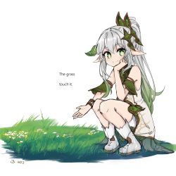 Rule 34 | 1girl, arm support, battlebunny, bloomers, bracelet, commentary, detached sleeves, english commentary, english text, flower, full body, genshin impact, gradient hair, grass, green eyes, grey hair, hair between eyes, hair ornament, head rest, highres, jewelry, long hair, looking at viewer, meme, multicolored hair, nahida (genshin impact), pointy ears, shoes, short sleeves, side ponytail, sidelocks, simple background, sitting, sketch, smile, solo, symbol-shaped pupils, touch grass (meme), tree stump, two-tone hair, underwear, white background, white flower