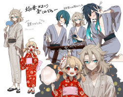 Rule 34 | 1girl, 3boys, albedo (genshin impact), androgynous, black hair, blonde hair, blue eyes, blue hair, bob cut, brother and sister, candy apple, child, cotton candy, food, genshin impact, highres, japanese clothes, kimono, klee (genshin impact), mask, mask on head, multicolored hair, multiple boys, red eyes, siblings, tamaon, tattoo, translation request, trap, twintails, venti (genshin impact), xingqiu (genshin impact), yellow eyes