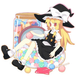 Rule 34 | 1girl, candy, female focus, food, full body, hat, in food, jar, kirisame marisa, konpeitou, lollipop, mary janes, meito (maze), mini person, minigirl, shaped lollipop, shoe dangle, shoes, skirt, solo, touhou, witch, witch hat