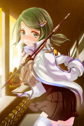 Rule 34 | artist request, blush, crying, crying with eyes open, fingerless gloves, gloves, green eyes, green hair, hair ornament, hairpin, holding, jacket, lowres, open mouth, parted bangs, pleated skirt, rotori (sword girls), short hair, skirt, solo, striped clothes, striped thighhighs, sunset, sword, sword girls, tears, thighhighs, weapon
