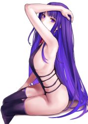 Rule 34 | 1girl, applekun, ass, bare arms, bare shoulders, breasts, dress, from side, genshin impact, hand on own head, highres, large breasts, long hair, looking at viewer, mole, mole under eye, nail polish, neck ribbon, purple dress, purple eyes, purple hair, purple nails, purple thighhighs, raiden shogun, red ribbon, ribbon, sideboob, simple background, sitting, solo, thighhighs