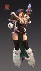 Rule 34 | 1girl, absurdres, arm guards, armor, black thighhighs, blonde hair, blue cape, blue dress, blue eyes, blue hood, boots, breasts, cape, cleavage, coat, commentary, copyright name, cowboy shot, crystal maiden, dota (series), dota 2, dress, english commentary, forehead jewel, full body, fur boots, fur coat, fur dress, highres, holding, holding staff, lips, logo, long hair, lonwa a, looking at viewer, medium breasts, nail polish, pauldrons, pelvic curtain, purple nails, shoulder armor, signature, solo, staff, thighhighs, white footwear