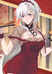 Rule 34 | 1girl, absurdres, apron, azur lane, beige shirt, belfast (azur lane), belfast (piping-hot perfection) (azur lane), blue eyes, braid, breasts, broken, broken chain, chain, chain, cleavage, earrings, food, french braid, hair ornament, hair scrunchie, highres, holding, holding food, holding pizza, jewelry, karen ngao, large breasts, long hair, looking at viewer, low neckline, official alternate costume, pepperoni, pizza, red apron, red scrunchie, scrunchie, solo, very long hair, white hair