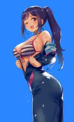 Rule 34 | 10s, 1girl, bare shoulders, bikini, blue background, blue hair, blush, bodysuit, breasts, cleavage, collarbone, diving suit, front-tie bikini top, front-tie top, jumpsuit, kurokawa makoto, large breasts, long hair, looking at viewer, love live!, love live! school idol festival, love live! sunshine!!, matsuura kanan, off shoulder, one eye closed, open bodysuit, open clothes, open mouth, ponytail, purple eyes, shiny clothes, simple background, skin tight, smile, solo, standing, striped bikini, striped clothes, swimsuit, undressing, unzipped, water drop, wetsuit