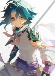Rule 34 | 1boy, armor, bead necklace, beads, black gloves, black hair, blue hair, facial mark, forehead mark, genshin impact, gloves, highres, holding, holding polearm, holding weapon, jewelry, male focus, mochimiya (coyo), multicolored hair, necklace, parted lips, polearm, shoulder armor, simple background, solo, spikes, tassel, vision (genshin impact), weapon, white background, xiao (genshin impact), yellow eyes