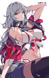 Rule 34 | 1girl, absurdres, bare shoulders, breasts, character name, cleavage cutout, clothing cutout, collar, grey hair, hand in own hair, helia (honkai impact), highres, honkai (series), honkai impact 3rd, large breasts, long hair, looking at viewer, midriff, navel, open mouth, pink eyes, simple background, solo, sparks summer, thighhighs, very long hair, white background
