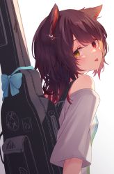 Rule 34 | 1girl, :p, absurdres, bare shoulders, blush, brown hair, double bun, ear piercing, from behind, hair bun, heterochromia, highres, instrument case, instrument on back, inui toko, looking at viewer, looking back, medium hair, nenehotoso, nijisanji, off shoulder, piercing, red eyes, shirt, short sleeves, simple background, solo, tongue, tongue out, upper body, virtual youtuber, white background, white shirt, yellow eyes