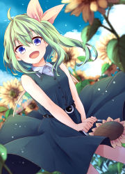 Rule 34 | 1girl, absurdres, adapted costume, ahoge, bag, belt, blurry, blurry foreground, blush, bow, breasts, buttons, casual, clothes lift, cloud, contemporary, daiyousei, day, depth of field, dress, dress tug, dutch angle, fairy wings, flower, green hair, hair bow, handbag, happy, highres, kuromame (8gou), leaning forward, light particles, long hair, looking at viewer, open mouth, outdoors, purple eyes, side ponytail, skirt, skirt lift, sky, sleeveless, sleeveless dress, small breasts, smile, solo, sunflower, texture, touhou, v arms, wind, wings